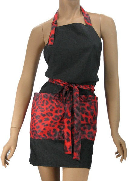 Fashion Salon Apron In Black With Red Leopard Trim